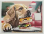 Animal Artwork #139 Pastel Painting Golden Retriever Eating a Cheeseburger