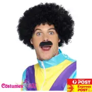 Mens 80s 1980s Scouser Set Liverpool Black Afro Curly Wig Tash Moustache Costume