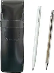 2 Pack Slim Cowhide Leather Pencil Case Black Ultra Fine Retractable Eraser White and Z66 Full Body Silver Hex Knock Metal Mechanical Pencil Set ASBER15W-Z66SS-2