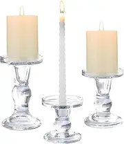 Zalizr 3-Piece Glass Candlestick Holders Set, Clear Crystal Taper Candle Stands for Dining Table, Wedding Centerpieces & Christmas Table Decor, Elegant Home & Living Room Accessories