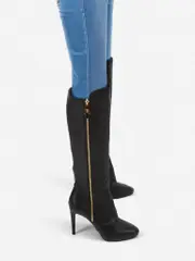 Black Leather Almond Toe Zip Boots