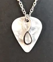 White Guitar Pick Necklace Silver Tone Infinity Symbol Charm 18 inch Long Chain