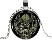 [xiaojiumei] Fashion Kraken Cthulhu Pendant Necklace Cabochon Vintage Long Sliver Chain Statement Necklace Jewelry