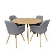 HomeStar 5Pc Dining Set Morrison Round Dining Table 120cm Natural W/ 4Pc Milan Fabric Dining Chair Grey