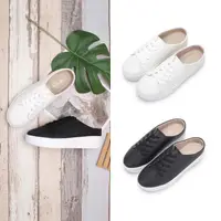 在飛比找momo購物網優惠-【FUFA Shoes 富發牌】日常素色綁帶穆勒鞋-黑/白 
