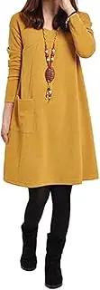 [ZRDSZWZ] Reliable Women Autumn Winter Dress Plus Size Loose Tunic Long Dress Long Sleeves Pockets Solid V Neck Swing Dress for Ladies (Color : Yellow, Size : XL)