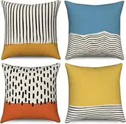 Hnmdmyi Boho Cushion Cover, 45 x 45 cm, Set of 4, Mid Century Abstract Modern Geometric Decorative Cushion Covers, Blue Yellow Burnt Orange Linen Cushion Cover for Sofa Couch Bed Garden Outdoor Home Decor