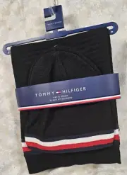 Tommy Hilfiger Beanie Hat & Scarf Set Black w/Red & White Acrylic SHIPS FREE!