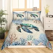 Sea Turtle 135 x 200 cm Bed Linen Set for Boys Girls Ocean Theme Comforter Cover, Sea Life Turtle Print Duvet Cover, Seaweed Decor Bed Linen Sea Animal Turtle Bedding Cover