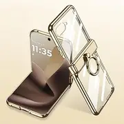 [Jarttarn] Case for Motorola Razr 60 Ultra [Built-in Screen Protector] Electroplated Transparent Clear Case with Finger Ring Anti-Fall Shockproof Cover for Moto Razr 60 Ultra (Gold)