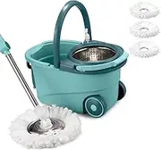 ZUNI 360° Spin Mop and Bucket Set with 3 Microfiber Replacement Head Refills, Wet Dust Mop Set with Adjustable Stainless Steel Handle, Spinning Mop Bucket for Home Cleaning, Green