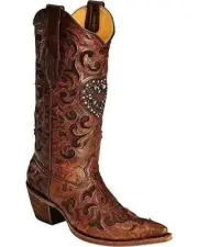 Corral Women's Burnished Goatskin Crystal Heart Cowgirl Boot Pointed Toe Cognac