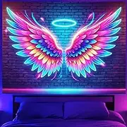 BlissYard Blacklight Angel Wings Tapestry UV Reactive Neon Wings Wall Hanging Tapestries Pink Angel Wings Tapestries for Girls Teens Glow in the Dark Tapestry for Party Carnival Backdrop 59 X 78 in
