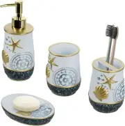 Resin Coastal Cape Cod Bathroom Accessories Set w/ Soap Dish, Tumbler Cup