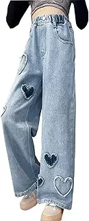 [NABER] Kids Girls Lovely Heart Pattern Printed Denim Pants Elastic Waist Loose Straight Jeans for 5-15 Years