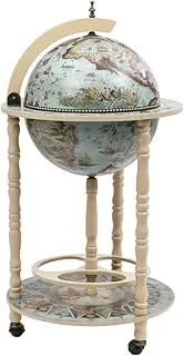 vidaXL Globe Bar Wine Stand - Antique World Map Design, Sturdy Eucalyptus Wood Construction, Convenient Wheeled Base, with Bottle and Glass Holder - Blue and White