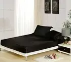 Soft Black Silk Stain Smooth Fitted Sheet King Size Bedding Cover Pillowcases AU