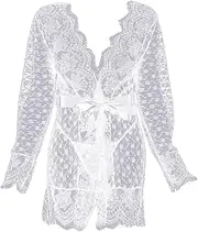 [Generic] Women Sexy V-neck Kimono Robe Floral Lace Mesh Nightgown Lingerie Babydoll Nightdress Sheer Chemise Cover ups (White,XX-Large), White, XX-Large