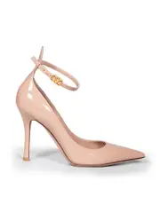 Beige Patent Ankle Strap Pumps
