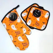 Halloween Ghosts and Bats Kitchen Oven Mitt and Potholder Set Orange and Black