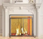 Kingson Fireplace Screen with Hinged Doors Magnetic 2 Panels Sturdy Steel Frame Durable Metal Mesh Decorative Free Standing Spark Guard- Black