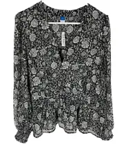 OLD NAVY Top L Black Sheer Tie Waist Peplum Boho Fairy Cottagecore Peasant NEW