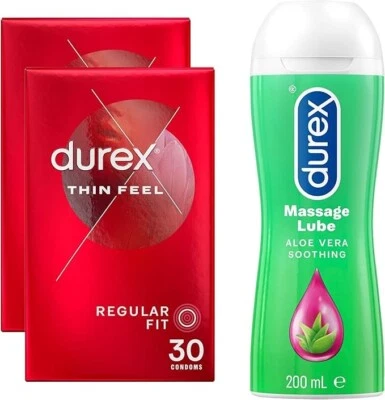 Durex Thin Feel Latex Condoms Regular Fit, 30 Pack x 2 + Durex Play Aloe Vera