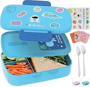 Kids Bento Lunch Box For Boys and Girls With Cutlery Set, Sticker Sheets (5+ Years) - 880 ML Leakproof 3 Compartment Lunch Box for kids, Portion Control Bento Box Kids with Free Parent Cards - Blue
