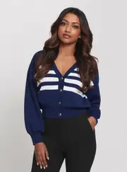 GUESS Women's Navy Stripe Rachel Knit Cardigan in Blue Size: Small, Viscose Rayon
