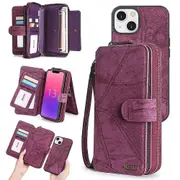For iPhone 15 Detachable ic Leather Anti-drop Case Zipper Wallet Stand Phone Cover