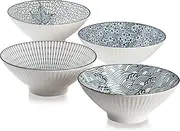 QINLANG 38 oz Japanese Ramen Bowls, Cereal Bowls, Soup Bowls, Pho Bowls, Noodle Bowls, Blue and White Ceramic Bowls Set of 4, 8 inches