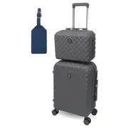 Pierre Cardin CABIN Hard Shell Luggage Mini Beauty Case Set Leather Tag - Grey
