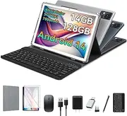 Android 14 10 Inch Tablet with 14GB RAM, 128GB ROM, 1TB, 7000mAh Battery, Bluetooth/Mouse/Case (Silver)