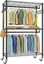 VIPEK V12 Portable Closets Heavy Duty Rolling Garment Rack 3 Tiers Adjustable Wire Shelving Clothes Rack with Double Rods and Side Hooks, Freestanding Wardrobe Storage Rack Metal Clothing Rack, Black