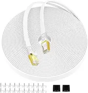 CAT7 Shielded Ethernet Cable with Barrier-Free RJ45 Connector for modems, routers, LAN, Computers White Flat Network Cable high Speed Cable Distribution Cable Clips (25FT)