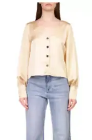 Sanctuary Women's Oatmilk Long Cuff Sleeve Button Front Blouse Top Size Small