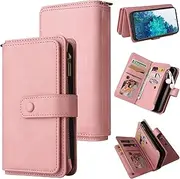HonwYes Case Compatible Samsung Galaxy S20 FE 5G Wallet Case with Wrist Strap—PU Leather Cover 15-Card Slots—Kickstand Zipper Magnetic Closure—Full Body Shockproof Pink|Tempered Film 2