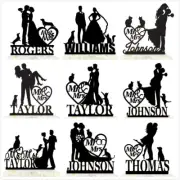 Personalised Family Wedding Cake Topper Mr & Mrs Bride Groom With Dog Cat Names