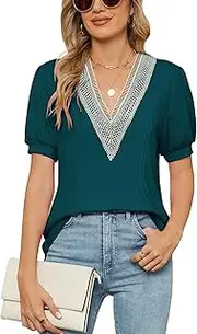[Famulily] Women's T-Shirts Lace Trim V Neck, Short Puff Sleeve Summer Tops Casual Pleated Tee Shirts S to XXL
