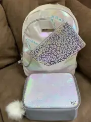 JUSTICE IRIDESCENT BACKPACK CAT SNOW LEOPARD PENCILCASE & LUNCHBOX SHIMMERING