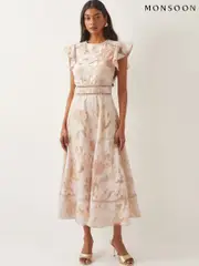 Monsoon Pink Josie Flutter Sleeve Floral Jacquard Midi Dress (F35286) | $346