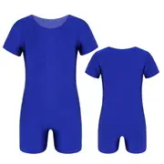 Kids Boys Girls One Piece Active Short Sleeves Gymnastic Exercise Jumpsuit Ballet Dance Running Workout Bodysuit blue 10-12 Years