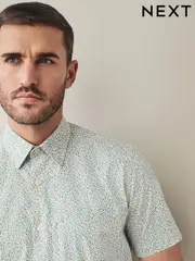 White Scattered Leaves Regular Fit 100% Cotton Short Sleeve Formal Shirt (AA7747) | $106