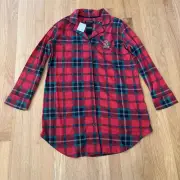 Ralph Lauren Night Shirt Gown Medium Sleep Blue Red Plaid Monogram Packets NEW