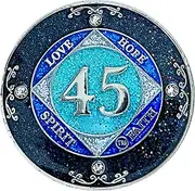 (Years 1-50) NA 45 Year Crystals and Glitter Medallion, Silver Color Plated Coin, Black Rainbow, Blue Glitter and Four Clear Crystals, Epoxy Covered (NA 45 Years Clean Time), small