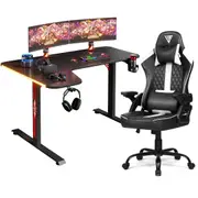 Advwin L Shape 140cm Gaming Desk RGB LED Light & Gaming Chair Height Adjustable Ergonomic Recliner Office Chair Black & White