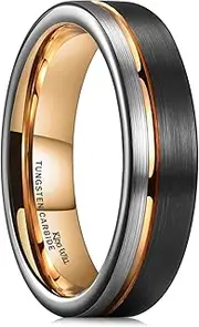 [King Will] LOOP Tungsten Carbide Wedding Band 6mm/8mm Rose Gold Line Ring Black and Silver Brushed Flat/Beveled Edges Comfort Fit