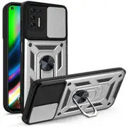case For Moto G9 Plus Slide Camera Lens Protection and Built in 360 Rotatable Ring Holder - Silvery