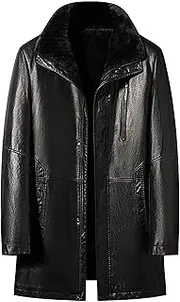 [Generic] Men's Stand Collar Fleece Lined Leather Jacket Shearling Leather Trench Coat Winter Zipper Leather Lined Jacket, Black, X-Large