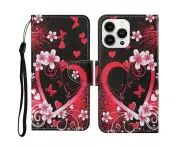 For iPhone 16 Pro Flip Leather Wallet Phone Case - Red Heart